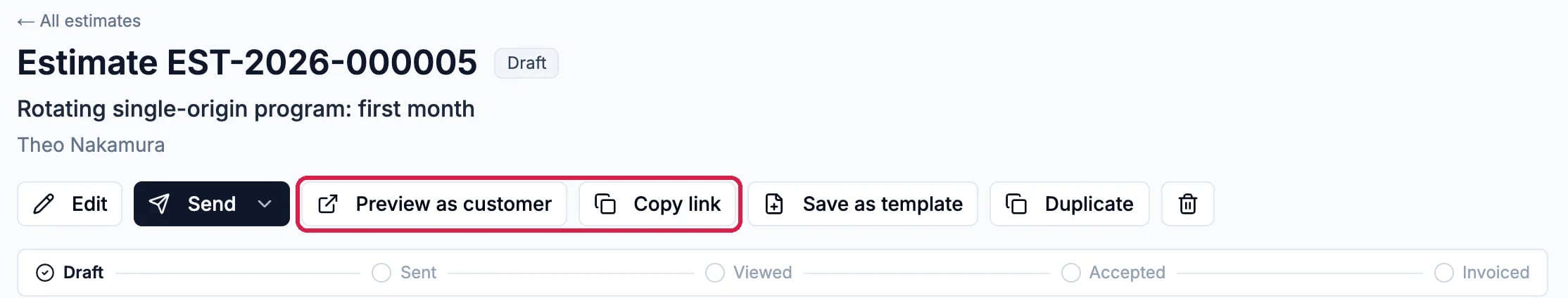 Estimate EST-2026-000005, Draft, with the Edit and Send buttons, Preview as customer and Copy link outlined, and the progress line from Draft to Invoiced