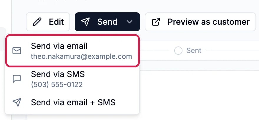 The Send menu open with Send via email to theo.nakamura@example.com outlined, Send via SMS to (503) 555-0122, and Send via email + SMS