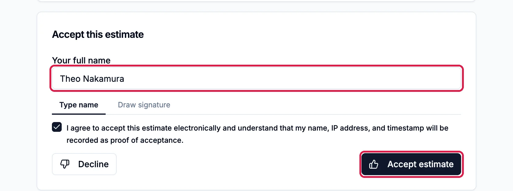 The client's Accept this estimate form with Your full name Theo Nakamura outlined, Type name and Draw signature, the agreement ticked, and the Accept estimate button outlined next to Decline