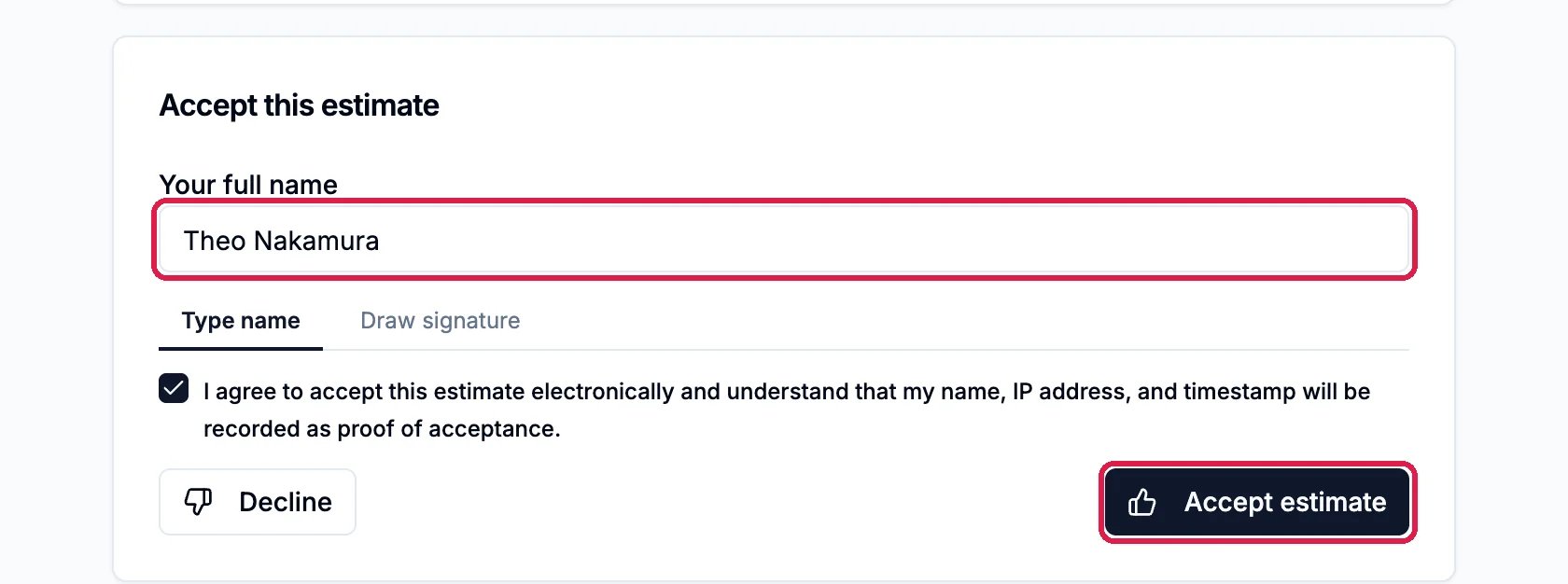 The client's Accept this estimate form with Your full name Theo Nakamura outlined, Type name and Draw signature, the agreement ticked, and the Accept estimate button outlined next to Decline