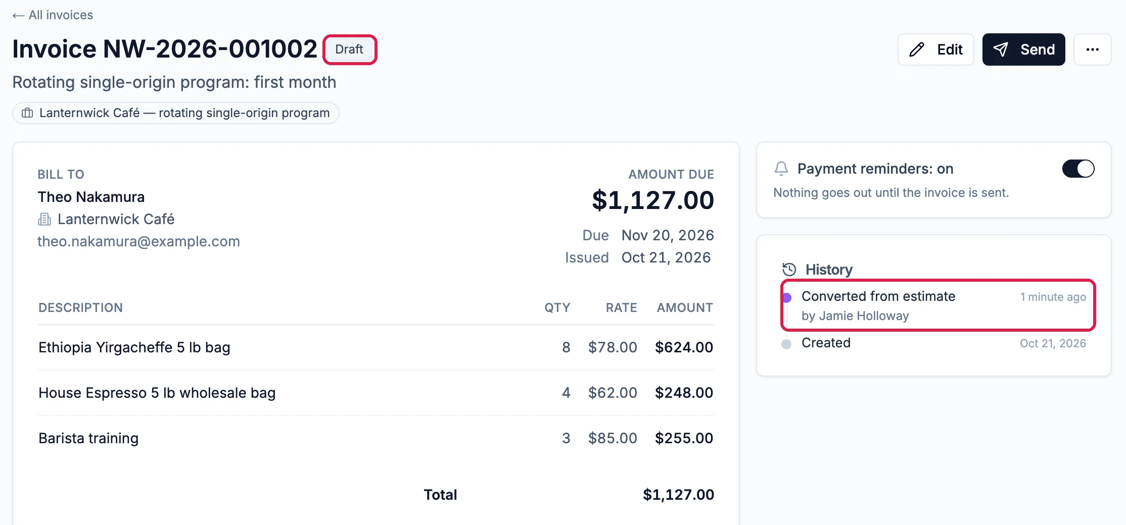 Invoice NW-2026-001002, Draft, outlined, for Theo Nakamura at Lanternwick Café with the quote's three lines and a total of $1,127.00, and the History entry Converted from estimate outlined