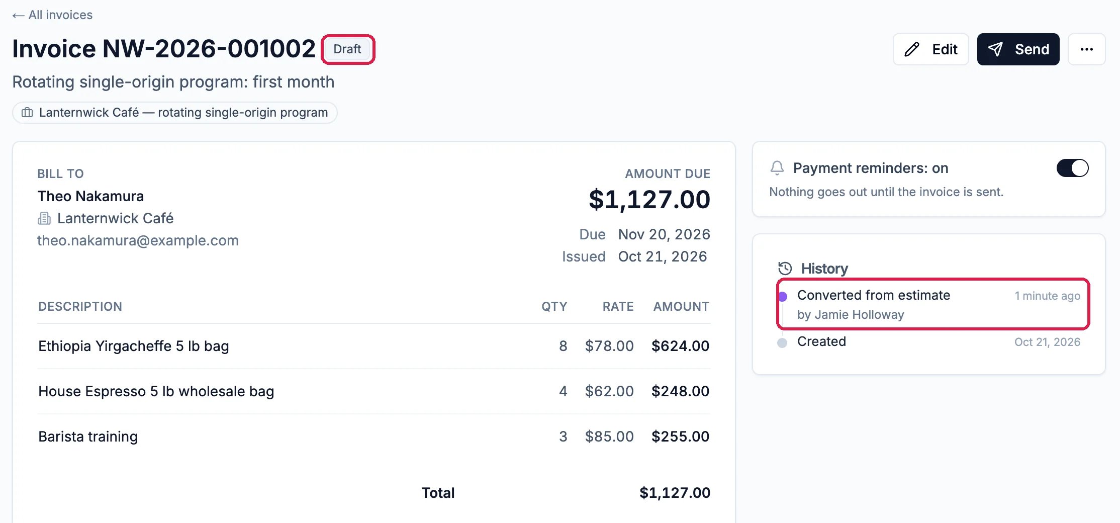 Invoice NW-2026-001002, Draft, outlined, for Theo Nakamura at Lanternwick Café with the quote's three lines and a total of $1,127.00, and the History entry Converted from estimate outlined