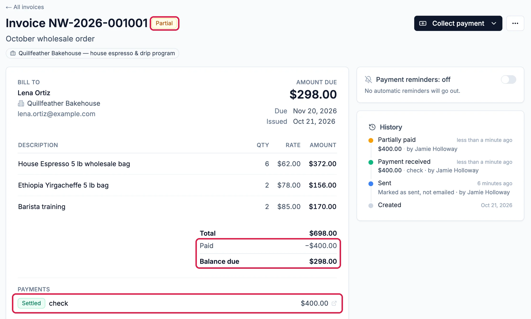 Invoice NW-2026-001001 with the Partial badge outlined, Paid minus $400.00 and Balance due $298.00 outlined, the Settled check payment of $400.00 outlined, and History showing Partially paid and Payment received
