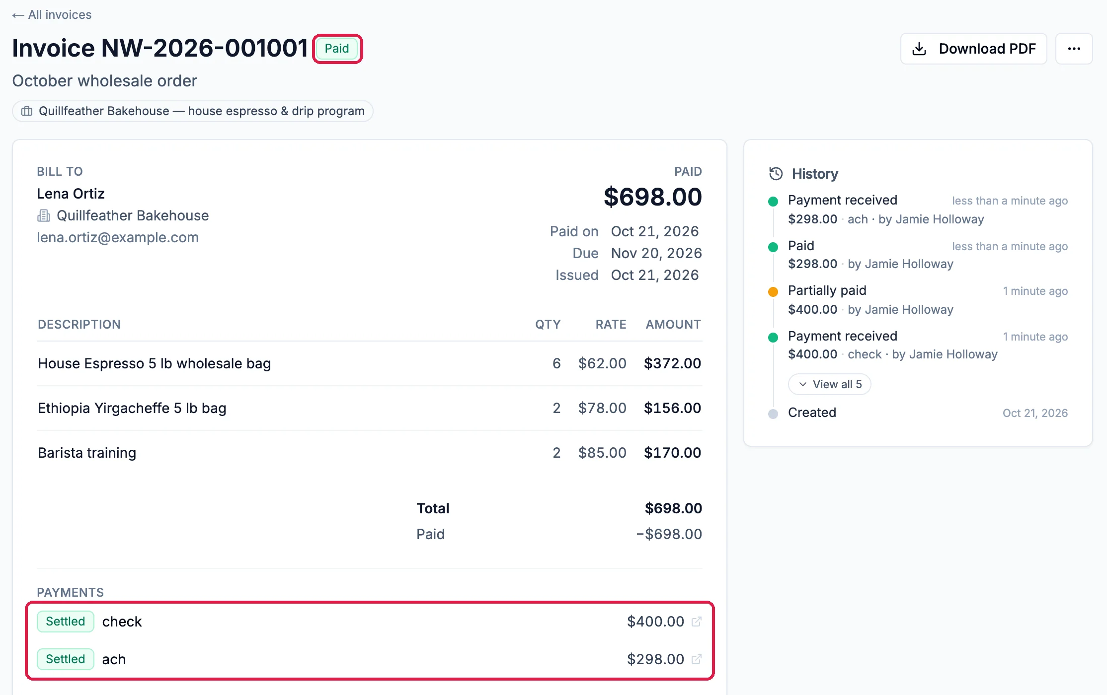 Invoice NW-2026-001001 with the Paid badge outlined, Paid on Oct 21, 2026, and under Payments the $400.00 check and the $298.00 ACH payment, both Settled, outlined