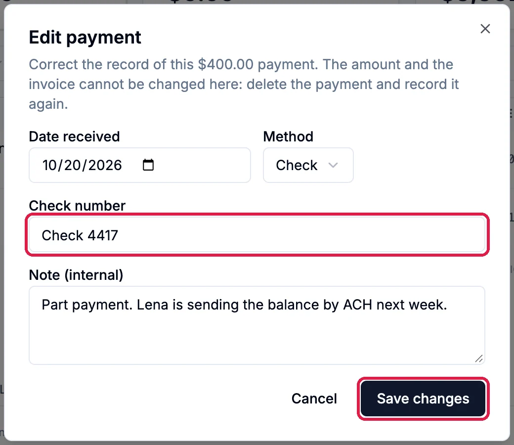 The Edit payment dialog for the $400.00 payment, with Check number Check 4417 outlined and the Save changes button outlined