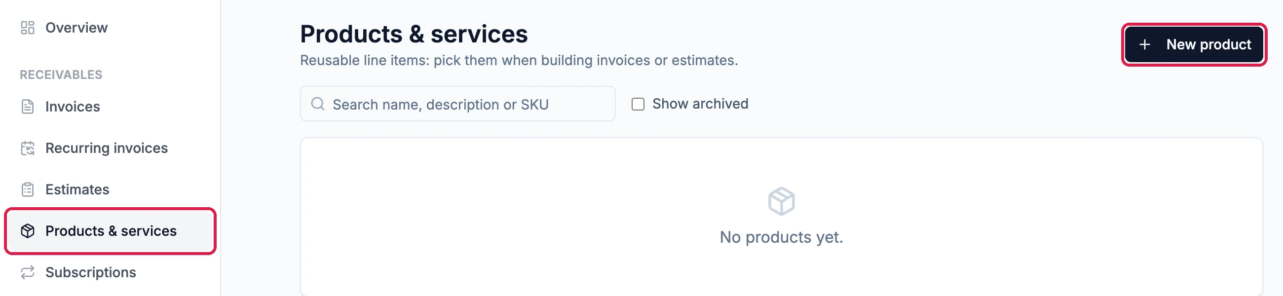 The Commerce menu with Products and services outlined, and the empty Products and services page with the New product button outlined