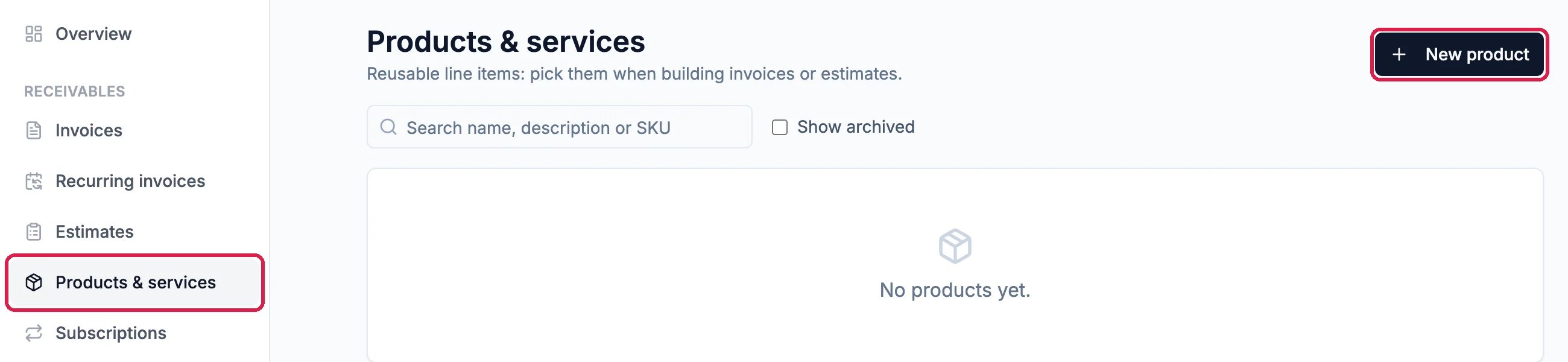 The Commerce menu with Products and services outlined, and the empty Products and services page with the New product button outlined