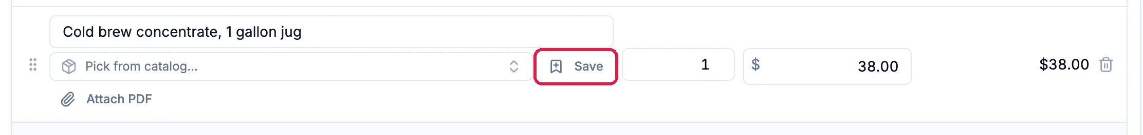 A typed line, Cold brew concentrate, 1 gallon jug, at 38.00, with the Save button next to Pick from catalog outlined