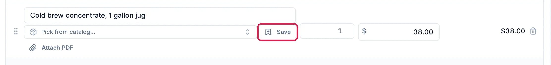 A typed line, Cold brew concentrate, 1 gallon jug, at 38.00, with the Save button next to Pick from catalog outlined