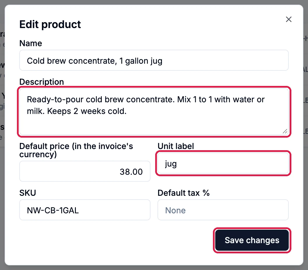 The Edit product dialog for Cold brew concentrate, 1 gallon jug, with a new Description and Unit label jug outlined, and Save changes outlined