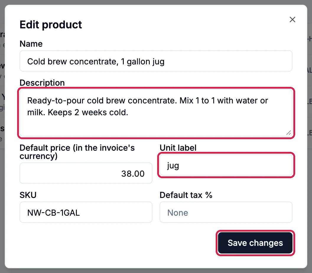 The Edit product dialog for Cold brew concentrate, 1 gallon jug, with a new Description and Unit label jug outlined, and Save changes outlined