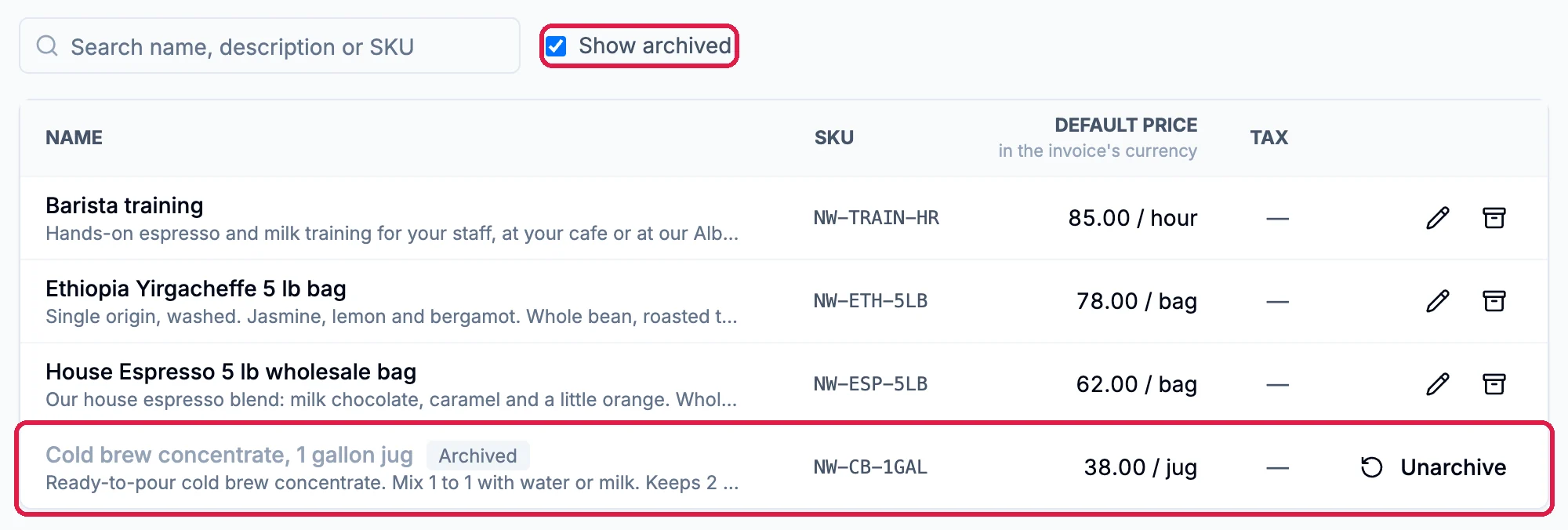 Show archived ticked and outlined, and the Cold brew concentrate, 1 gallon jug row marked Archived with an Unarchive button, outlined