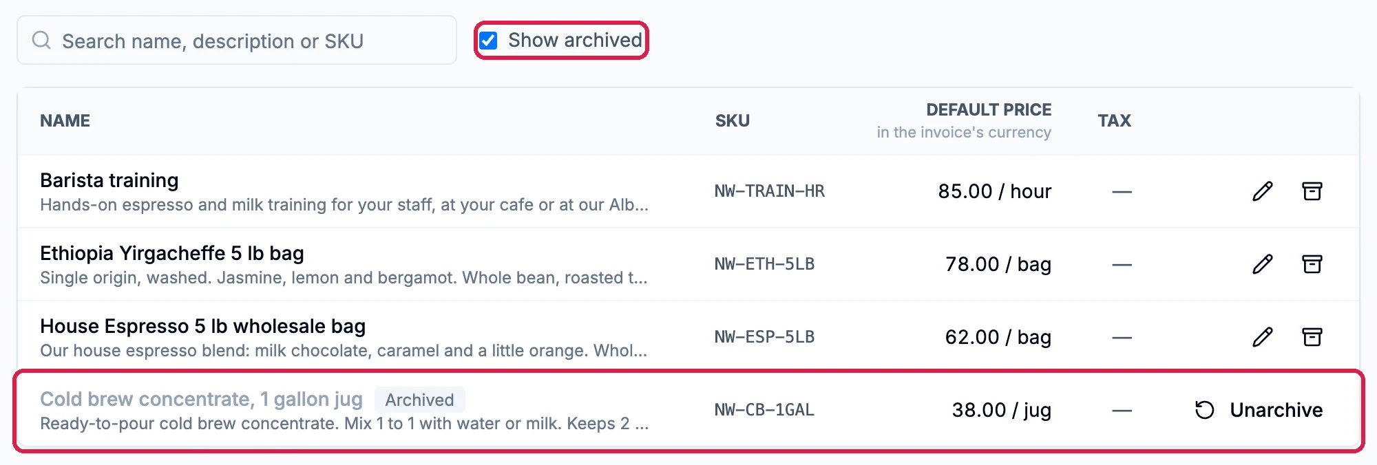 Show archived ticked and outlined, and the Cold brew concentrate, 1 gallon jug row marked Archived with an Unarchive button, outlined