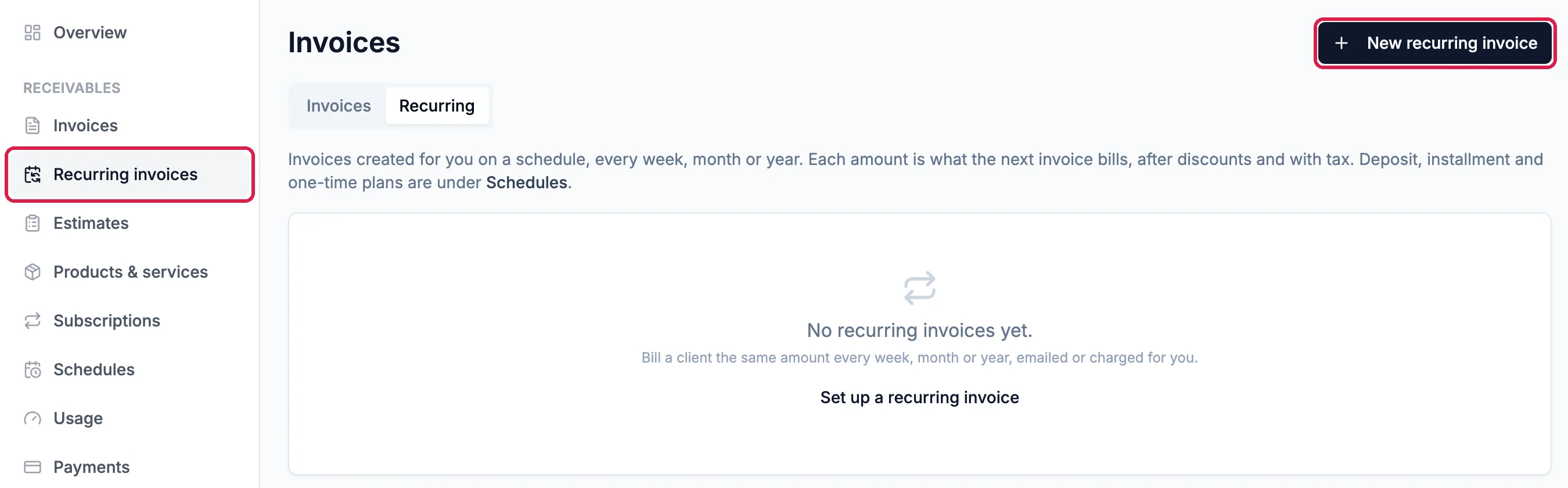 The Commerce menu with Recurring invoices outlined, and the Invoices page on its Recurring tab with No recurring invoices yet and the New recurring invoice button outlined