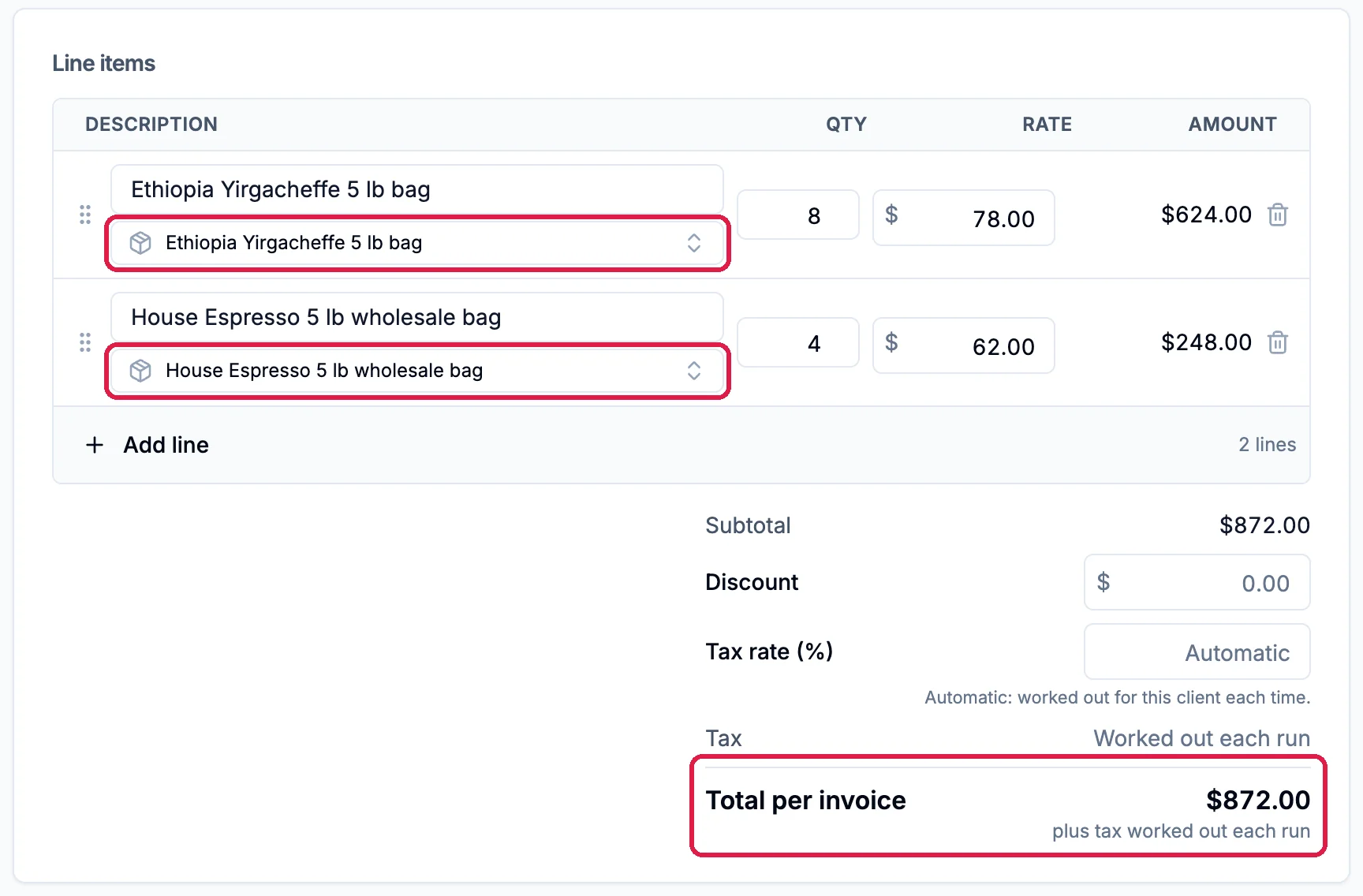 Two lines picked from the catalog and outlined, 8 Ethiopia Yirgacheffe 5 lb bags at 78.00 and 4 House Espresso 5 lb wholesale bags at 62.00, and Total per invoice $872.00, plus tax worked out each run, outlined