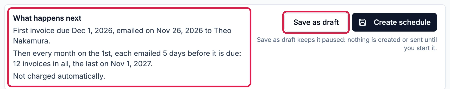 What happens next: First invoice due Dec 1, 2026, emailed on Nov 26, 2026 to Theo Nakamura; then every month on the 1st, each emailed 5 days before it is due, 12 invoices in all, the last on Nov 1, 2027; Not charged automatically. Outlined, with the Save as draft button outlined next to Create schedule