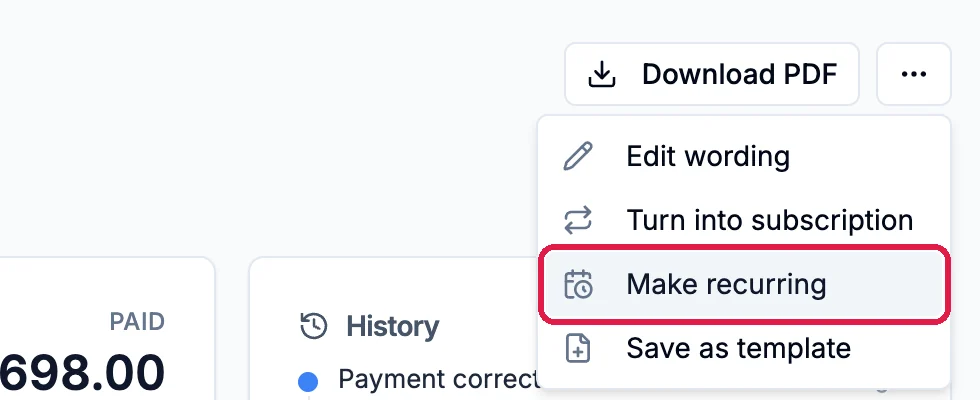 The ... menu of a paid invoice with Edit wording, Turn into subscription, Make recurring outlined, and Save as template