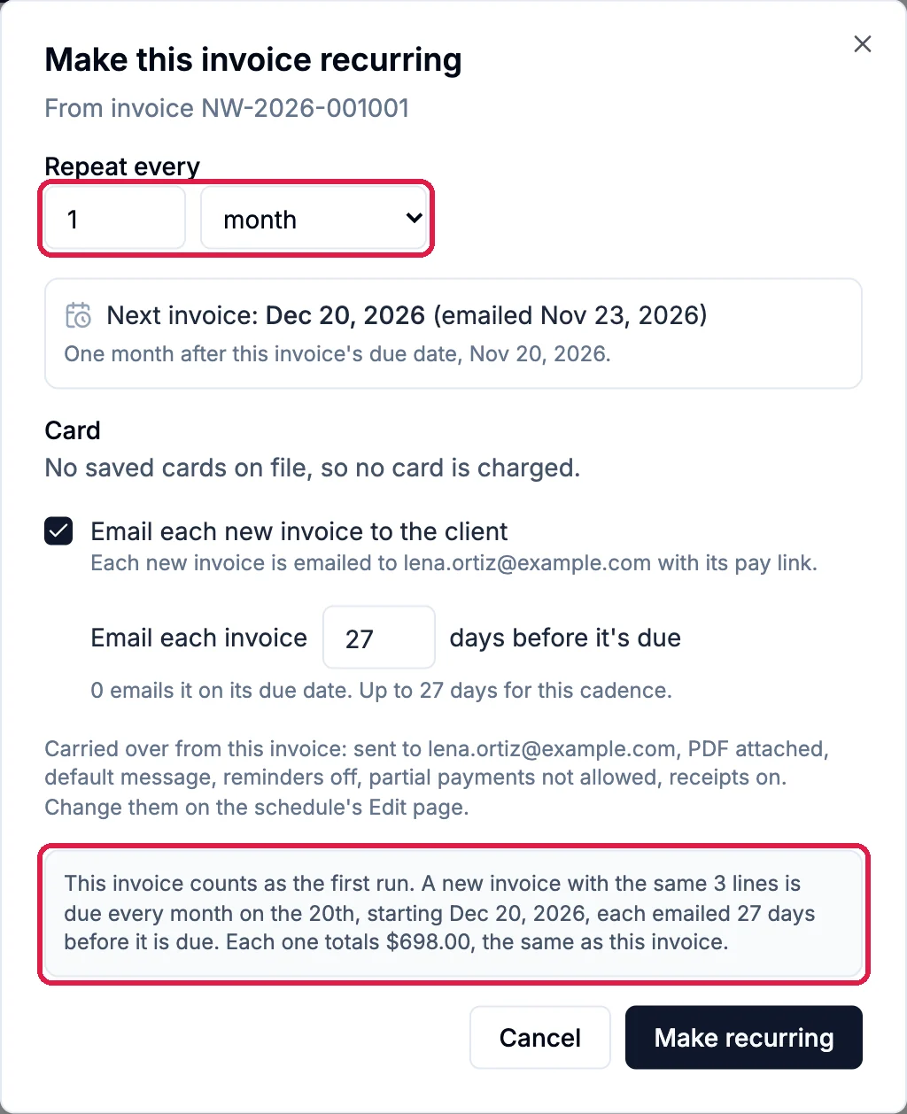 The Make this invoice recurring dialog with Repeat every 1 month outlined, Next invoice Dec 20, 2026, the card and email settings, and the summary This invoice counts as the first run, outlined, above the Cancel and Make recurring buttons