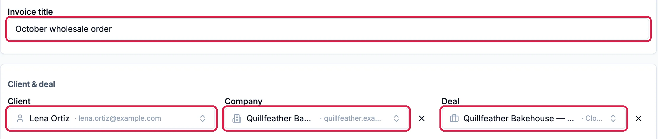 Invoice title October wholesale order outlined, and under Client and deal the Client Lena Ortiz, the Company Quillfeather Bakehouse and the Quillfeather Bakehouse deal, each outlined