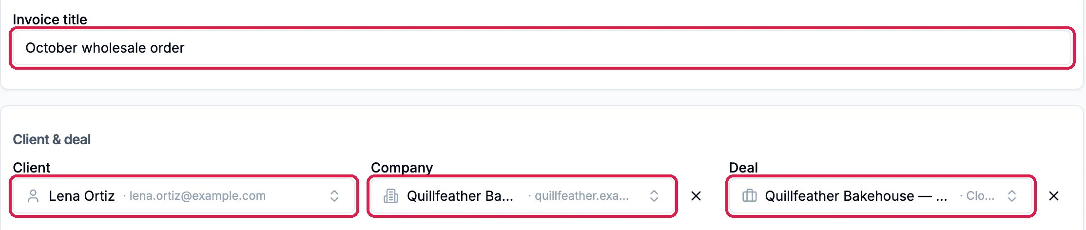 Invoice title October wholesale order outlined, and under Client and deal the Client Lena Ortiz, the Company Quillfeather Bakehouse and the Quillfeather Bakehouse deal, each outlined