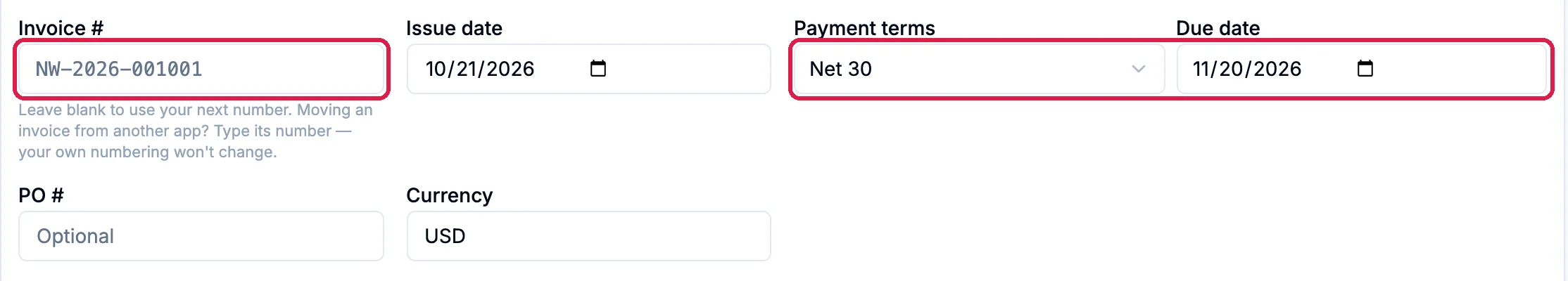 Invoice # NW-2026-001001 outlined, Issue date 10/21/2026, and Payment terms Net 30 with Due date 11/20/2026 outlined