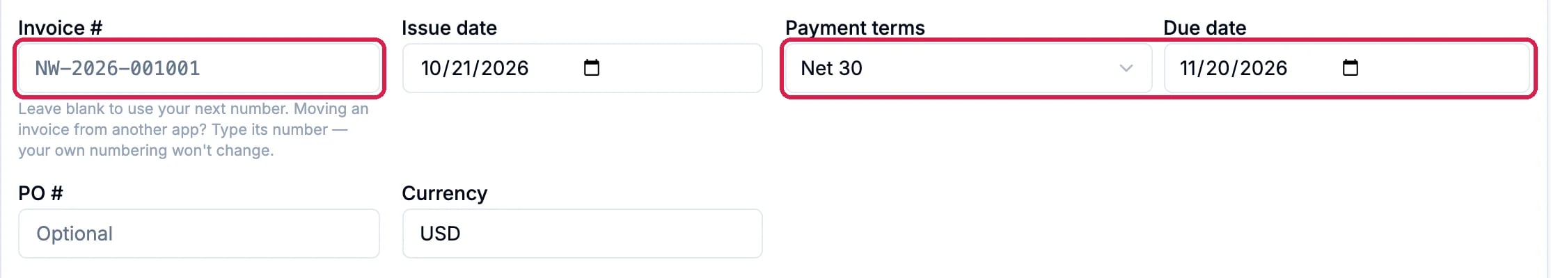 Invoice # NW-2026-001001 outlined, Issue date 10/21/2026, and Payment terms Net 30 with Due date 11/20/2026 outlined