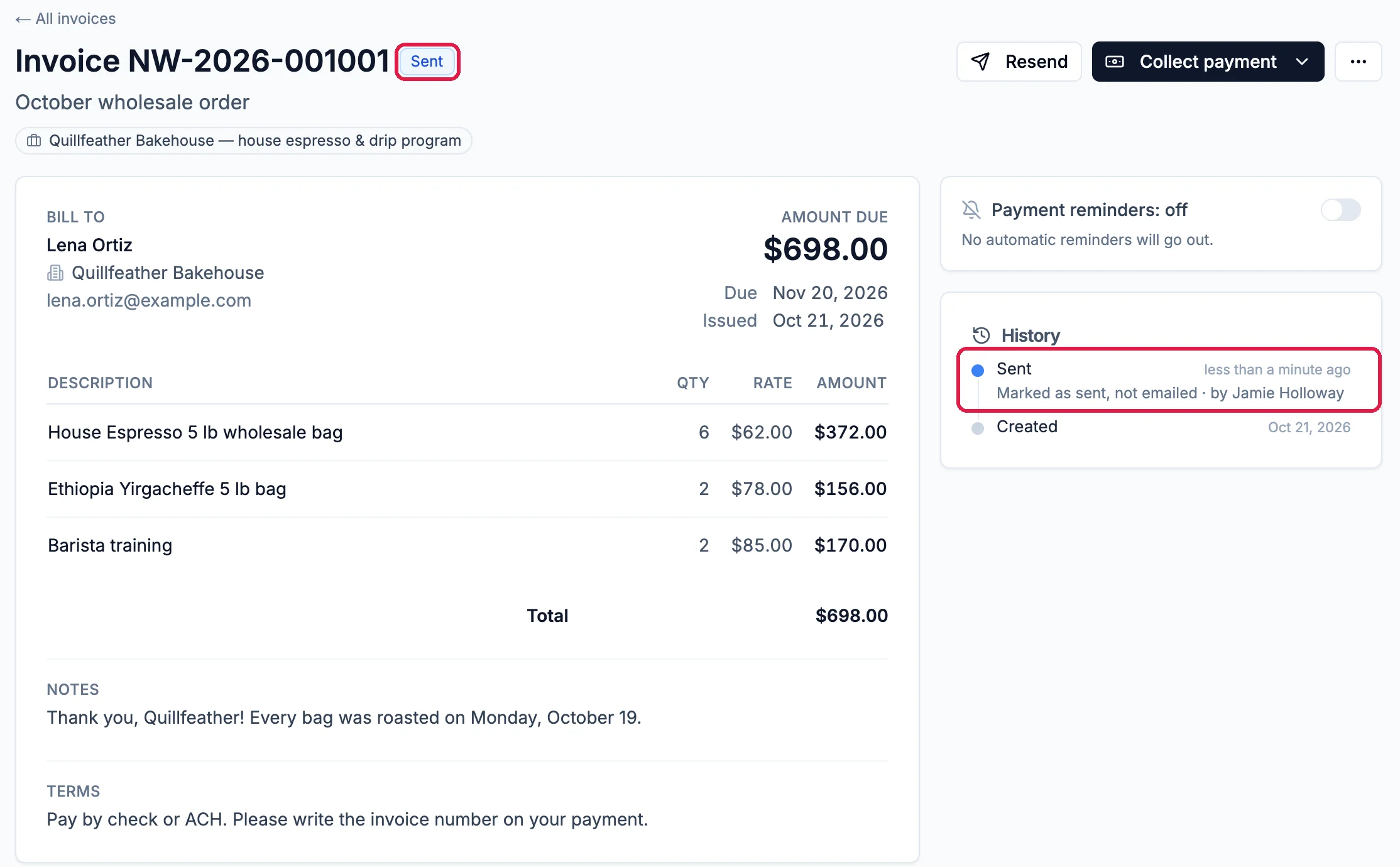 Invoice NW-2026-001001 with the Sent badge outlined, Lena Ortiz, the three lines and a total of $698.00, Payment reminders: off, and the History entry Sent, Marked as sent, not emailed, outlined