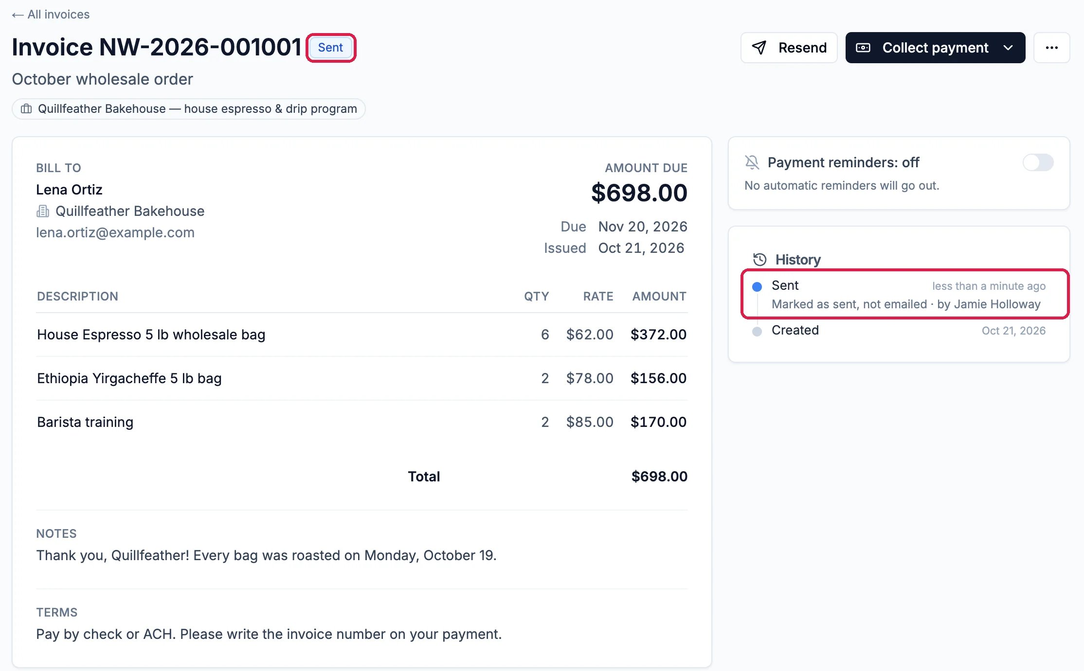 Invoice NW-2026-001001 with the Sent badge outlined, Lena Ortiz, the three lines and a total of $698.00, Payment reminders: off, and the History entry Sent, Marked as sent, not emailed, outlined