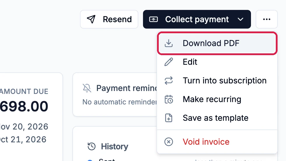 The ... menu open under Resend and Collect payment, with Download PDF outlined above Edit, Turn into subscription, Make recurring, Save as template and Void invoice