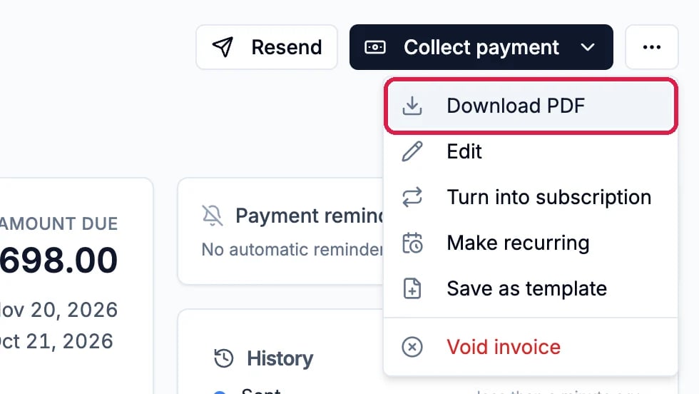 The ... menu open under Resend and Collect payment, with Download PDF outlined above Edit, Turn into subscription, Make recurring, Save as template and Void invoice