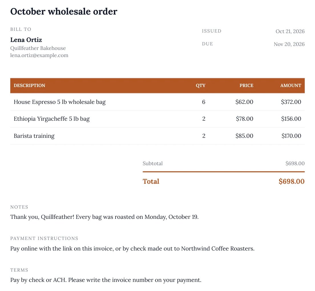 The invoice PDF: October wholesale order, Bill to Lena Ortiz, Quillfeather Bakehouse, the three lines with an orange table header, Total $698.00, the notes, payment instructions and terms