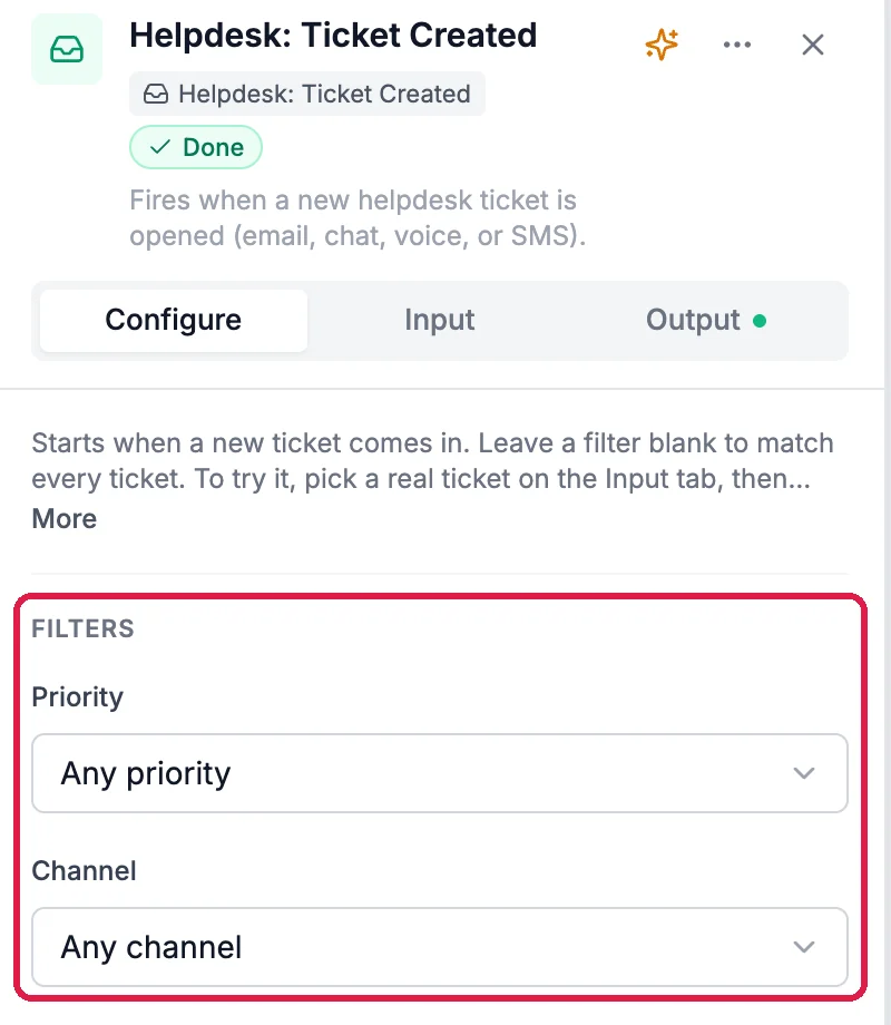 Helpdesk: Ticket Created, Starts when a new ticket comes in, with Filters: Priority Any priority and Channel Any channel, outlined