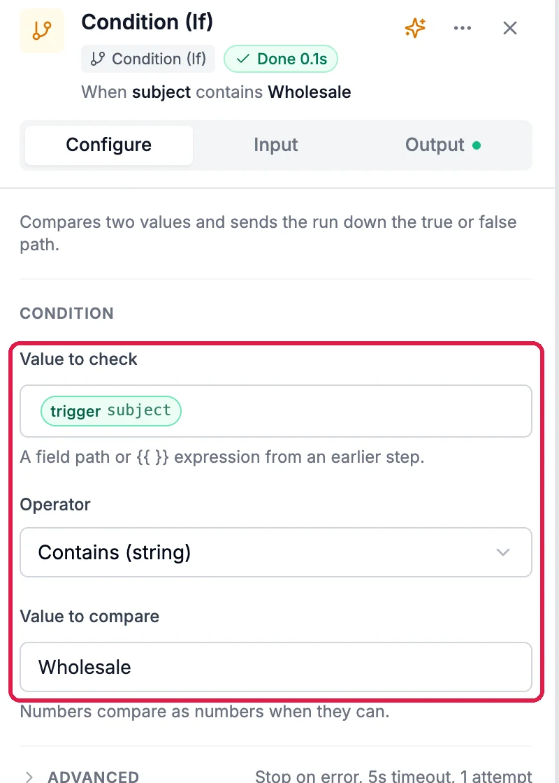 Condition (If), When subject contains Wholesale: Value to check trigger subject, Operator Contains (string) and Value to compare Wholesale, outlined
