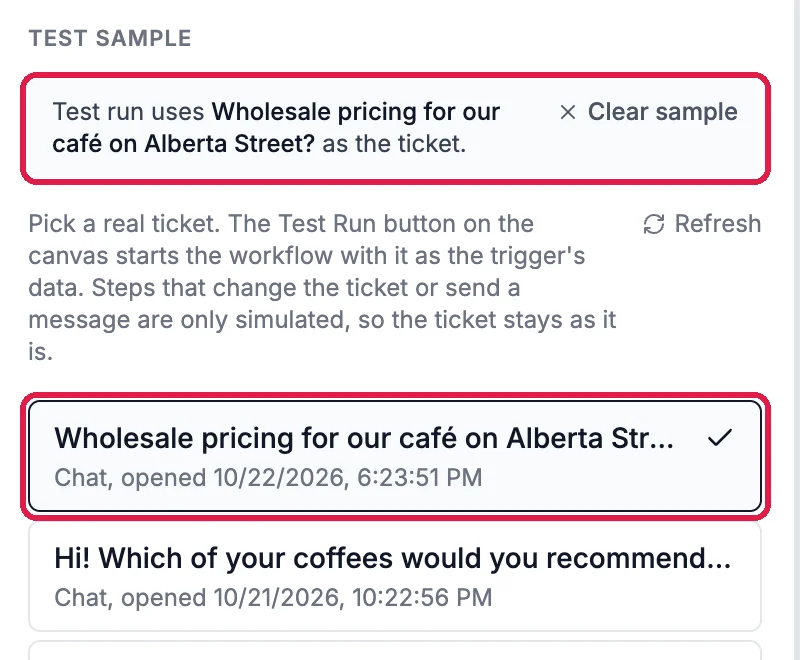 Test sample: Test run uses Wholesale pricing for our café on Alberta Street? as the ticket, outlined, and that chat ticket ticked in the list, outlined