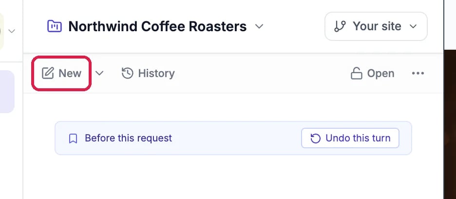 The top of the chat panel with the New button outlined, next to History