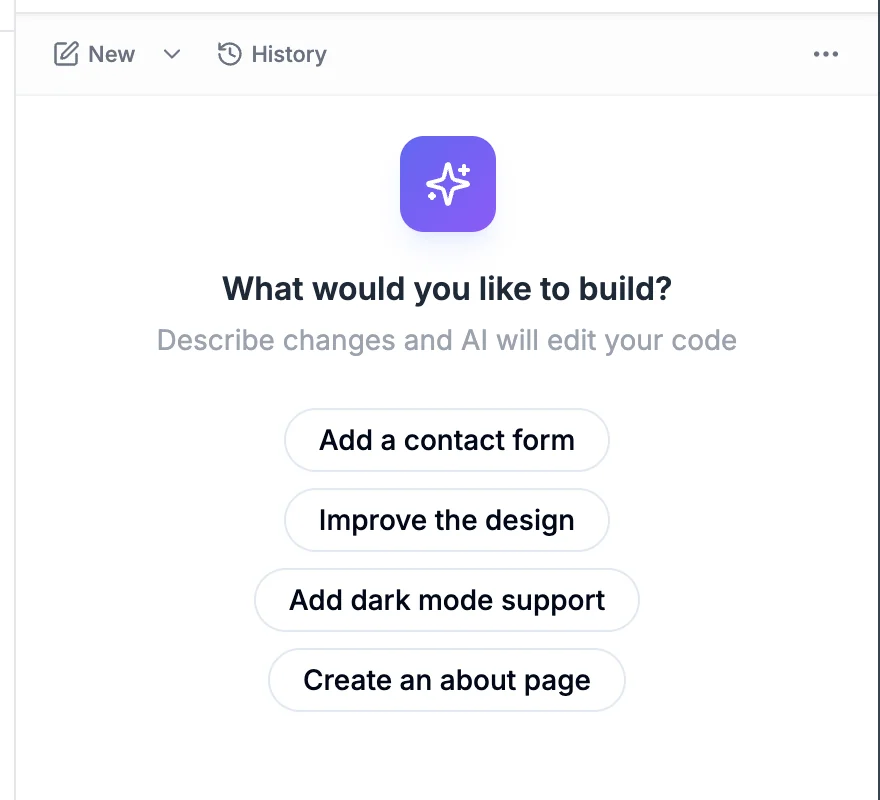 An empty chat that asks What would you like to build? with four suggested requests