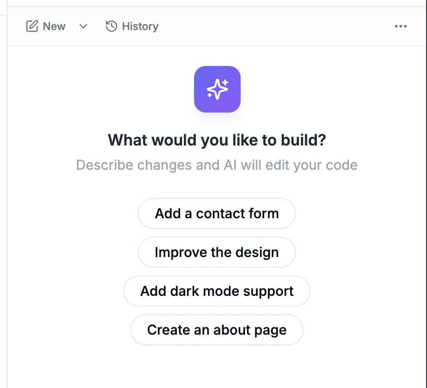 An empty chat that asks What would you like to build? with four suggested requests