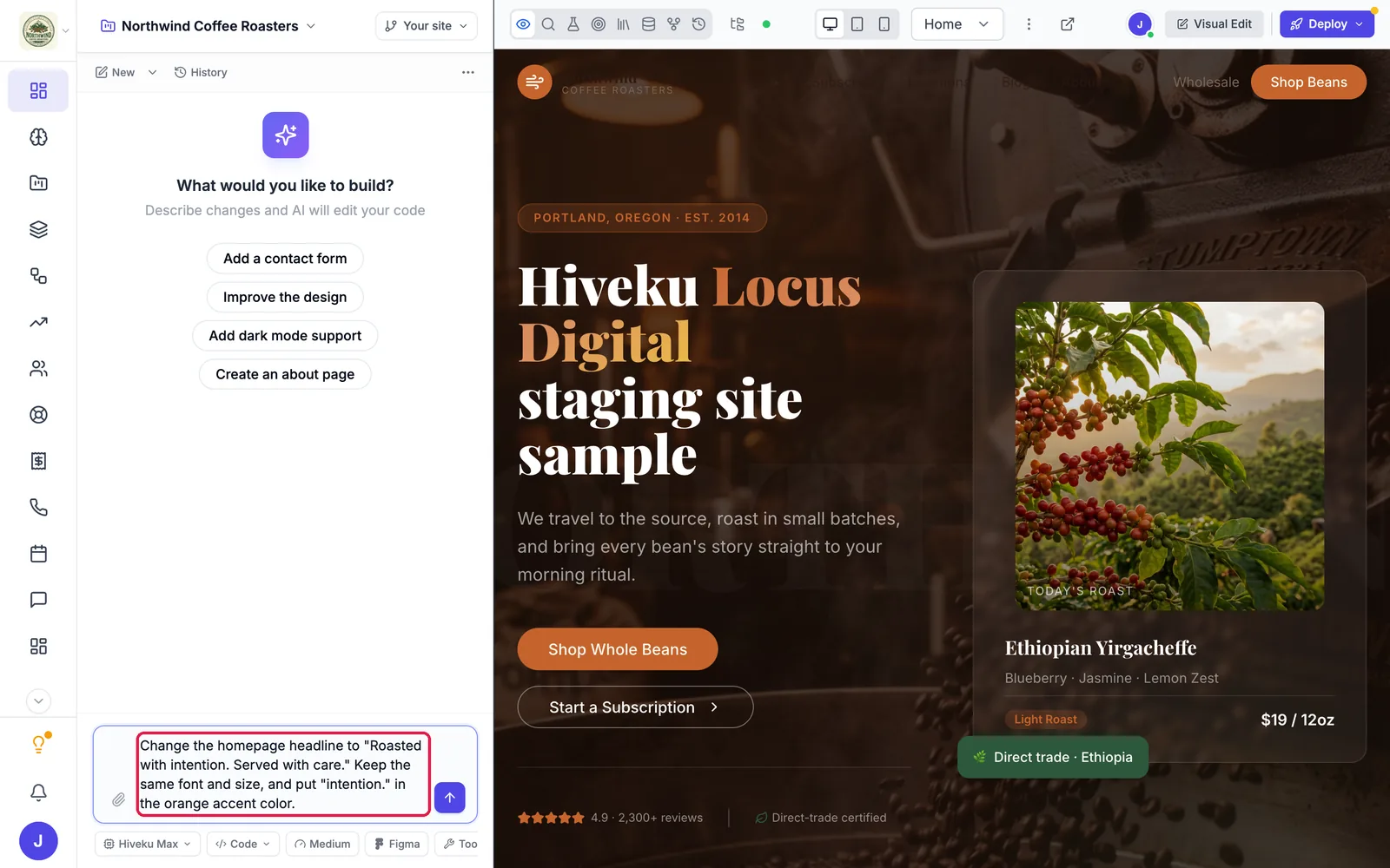 The site builder with the request typed in the chat box and the old headline still showing in the preview