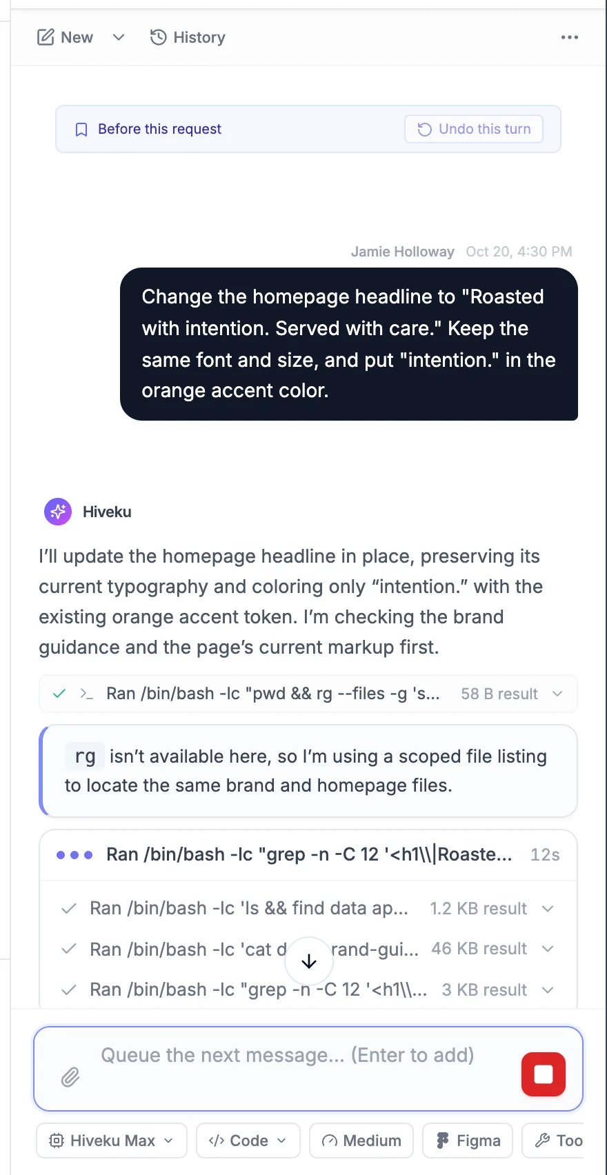 The chat while the AI works: its plan, a list of steps, and the chat box now saying Queue the next message