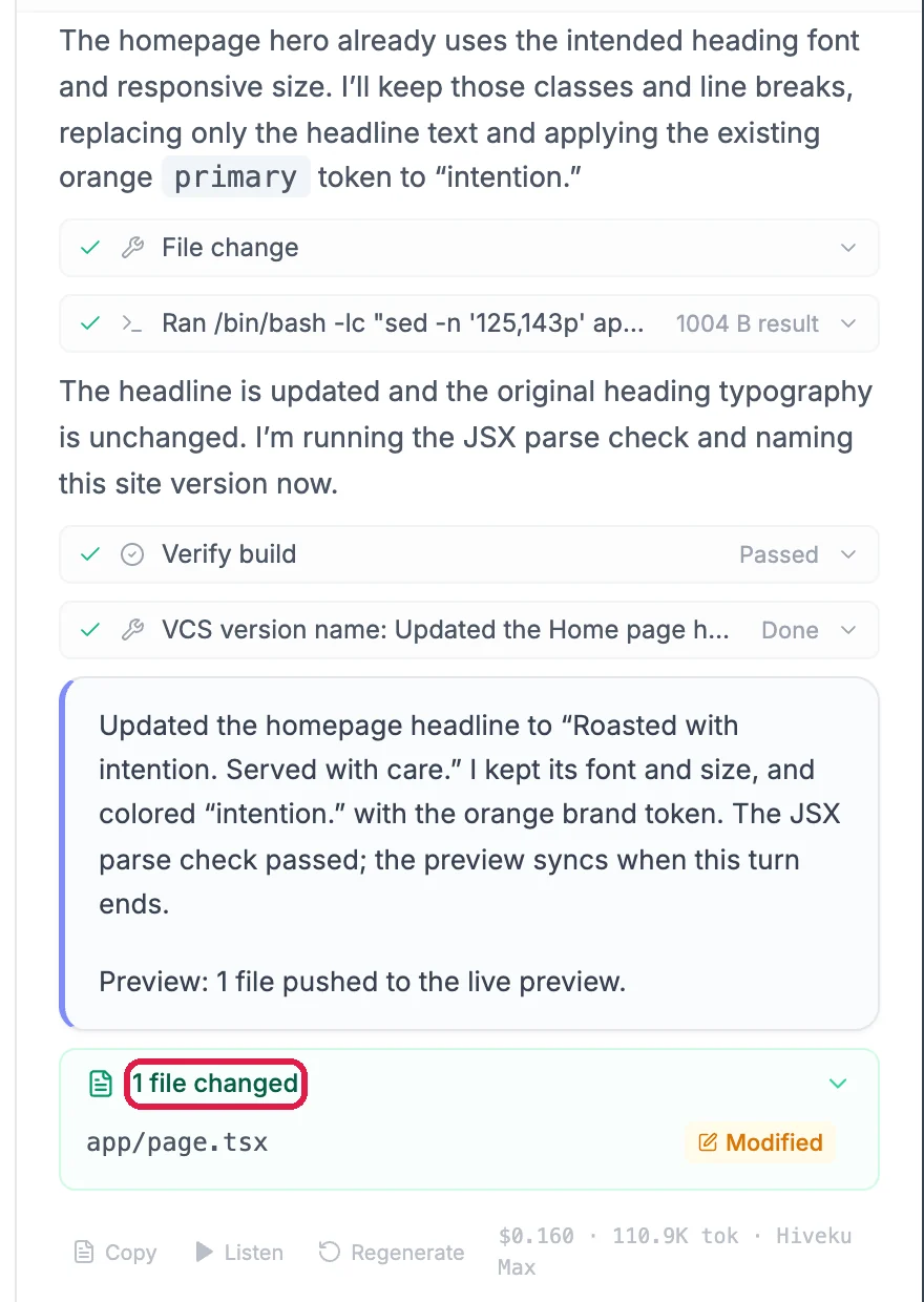 The end of the AI's reply with its summary and a green box saying 1 file changed, outlined