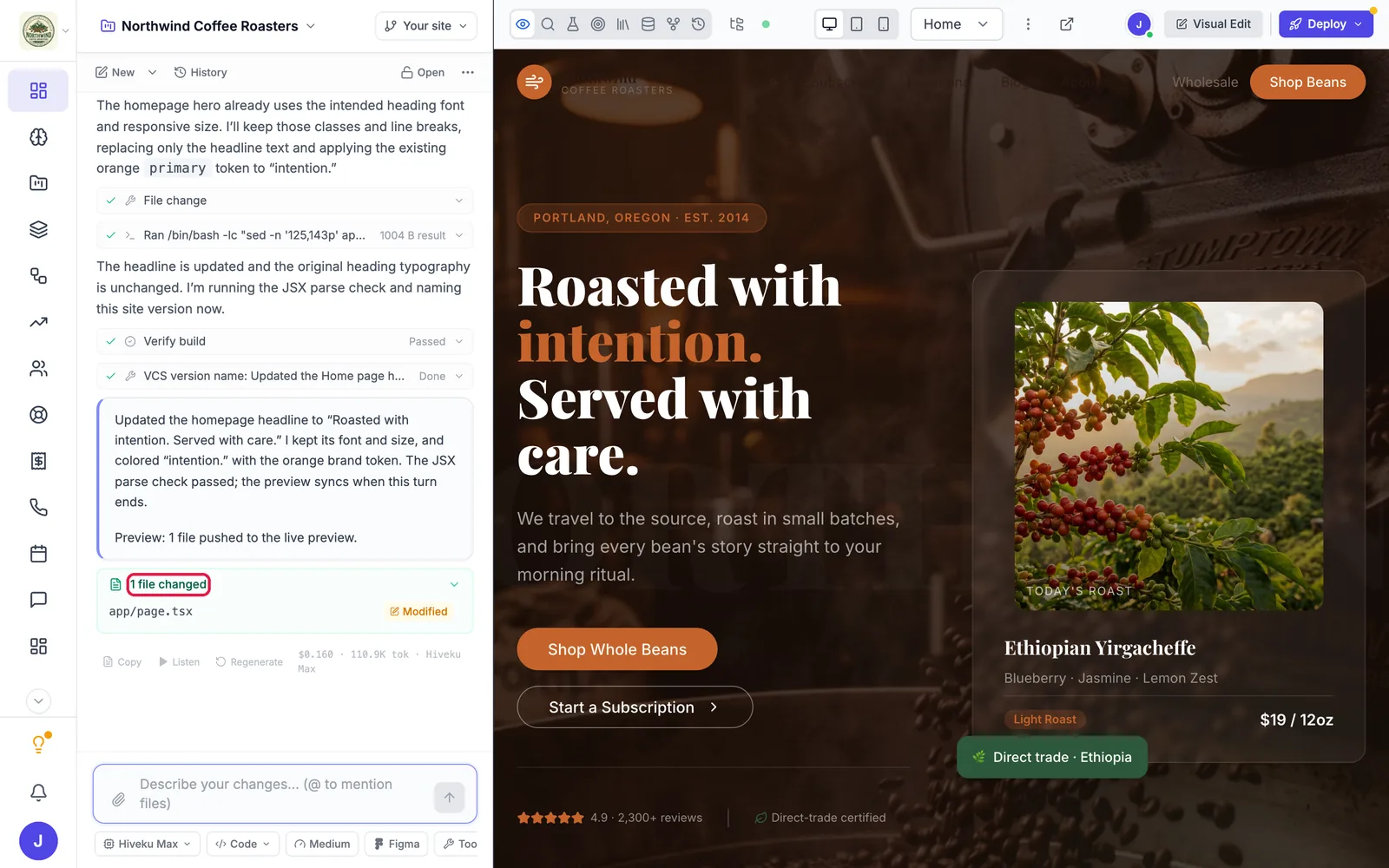 The builder with the AI's finished reply on the left and the new Northwind headline in the preview