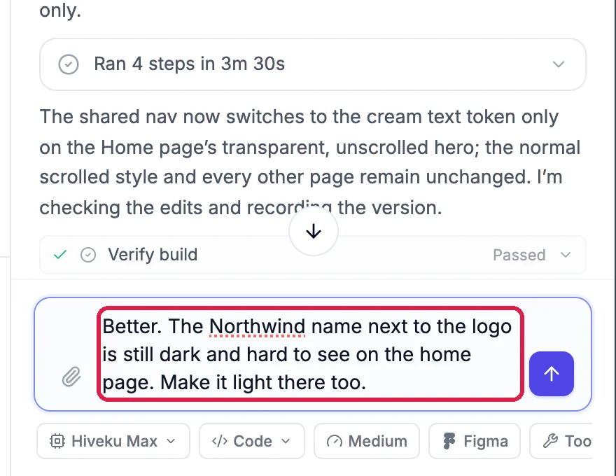 The chat box with the request to make the Northwind name light too, below the AI's earlier reply