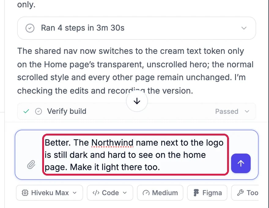 The chat box with the request to make the Northwind name light too, below the AI's earlier reply