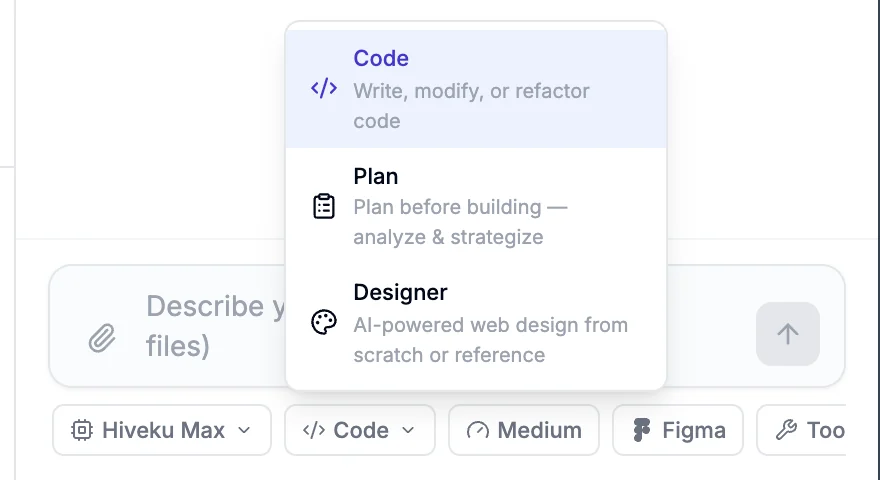 The mode menu listing Code, Plan and Designer with a short description of each