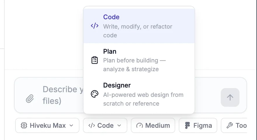 The mode menu listing Code, Plan and Designer with a short description of each