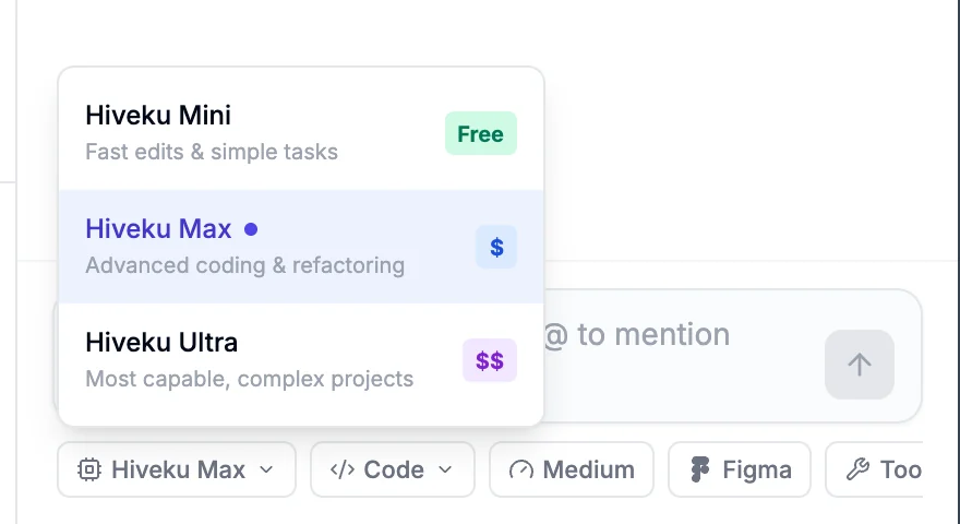 The model menu listing Hiveku Mini (Free), Hiveku Max and Hiveku Ultra