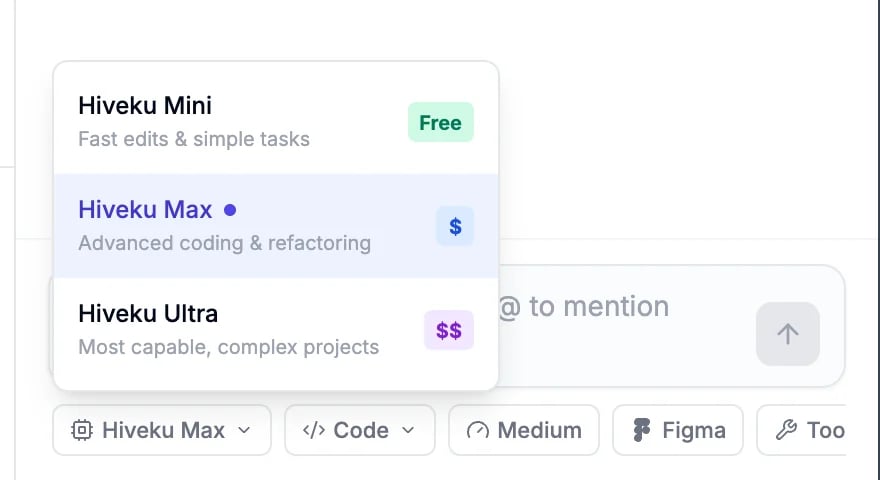 The model menu listing Hiveku Mini (Free), Hiveku Max and Hiveku Ultra