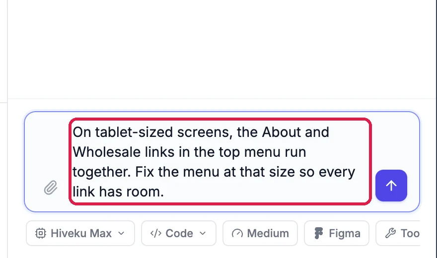 The chat box with the tablet menu request typed in