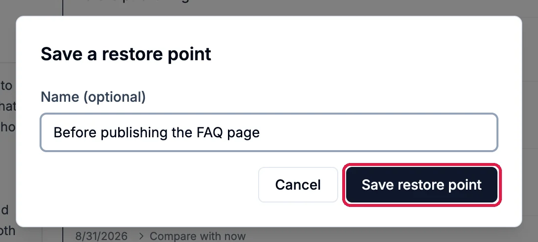 The Save a restore point box with the name Before publishing the FAQ page and the Save restore point button outlined