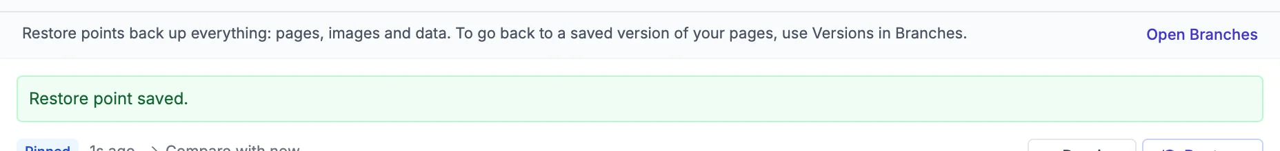 The message Restore point saved. above a pinned restore point named Before publishing the FAQ page